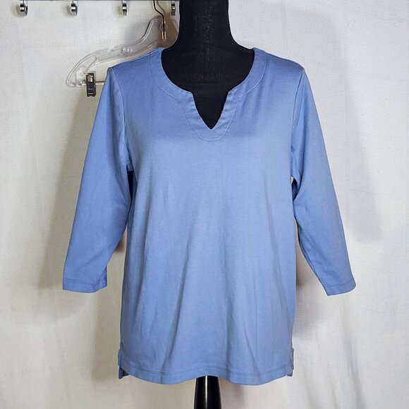Orvis Classic Pima Cotton 3/4 Length Sleeve Denim Blue Notched V-Neck Top Size L - Picture 1 of 16